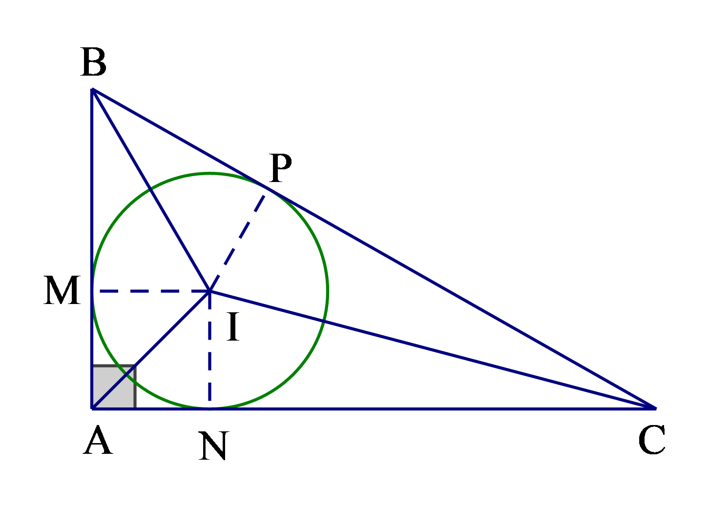 Cho \[\Delta ABC\] vu&ocirc;ng tại \[A\], c&oacute; \[AB = 6cm\] v&agrave; \[AC = 8cm\] ngoại tiếp đường tr&ograve;n \[\left( {I;r} \right)\]. T&iacute;nh \[r\] (ảnh 1)