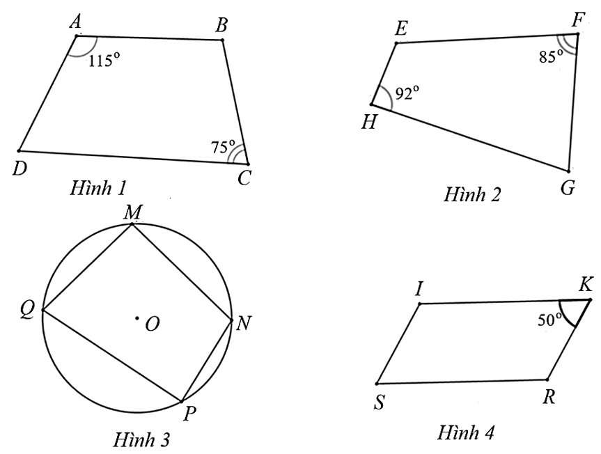 Trong các hình dưới đây. Trong các hình trên, tứ giác trong hình nào là tứ giác nội tiếp? A. Hình 1. B. Hình 2. C. Hình 3. D. Hình 4. (ảnh 1)