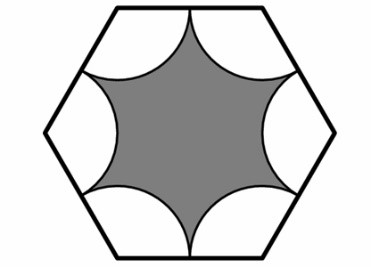 Hình lục giác đều cạnh 6 cm được cho như hình vẽ. Dựng 6 cung tròn, mỗi cung tròn có tâm là một đỉnh của lục giác và có bán kính bằng 3 cm. Hỏi diện tích phần màu xám trong hình vẽ bằng bao nhiêu? (ảnh 1)