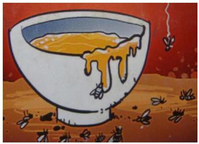 Bức tranh dưới đây gợi nhắc đến thành ngữ, tục ngữ nào?   A. Mật ngọt chết ruồi					B. Bẫy nhựa chết ruồi C. Keo dính chết ruồi					D. Tinh dầu sả chết ruồi (ảnh 1)