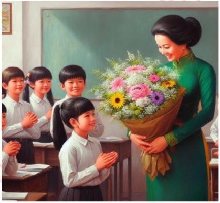 Các danh từ chỉ vật xuất hiện trong bức tranh sau là: a/ cô giáo, trống, cây c/ học sinh, khăn, tất b/ hoa, bàn, bảng d/ ti vi, quạt, thước kẻ (ảnh 1)