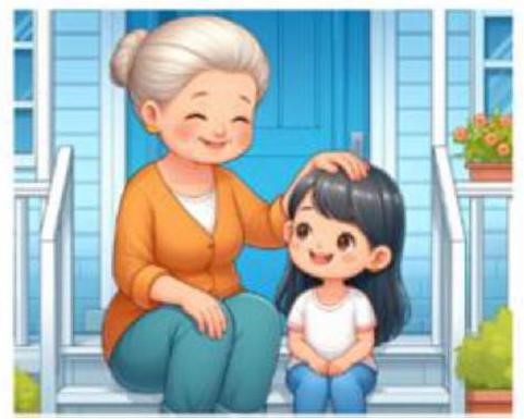 Câu văn nêu hoạt động nào mô tả đúng bức tranh sau?   a/ Bà vuốt ve mái tóc cháu.			b/ Bà dẫn cháu ra thăm vườn cam. c/ Chiếc áo của bà màu cam		d/ Áo của cháu có màu trắng (ảnh 1)