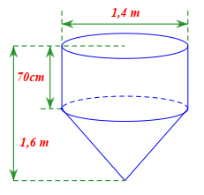 Một dụng cụ gồm một phần có dạng hình trụ, phần còn lại có dạng hình nón. Các kích thước cho trên hình vẽ dưới đây.   Thể tích của dụng cụ ấy bằng (ảnh 1)