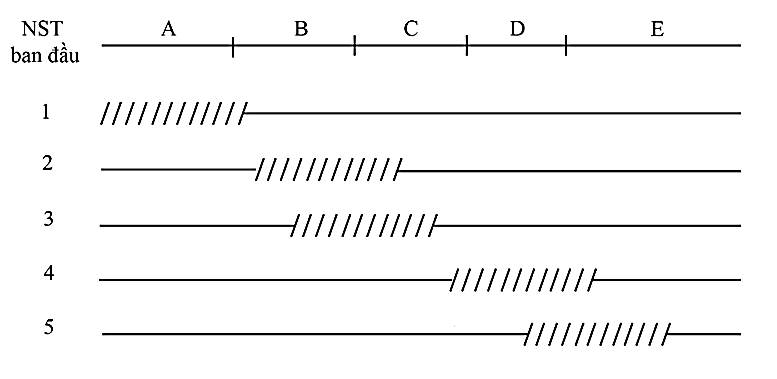 Các trình tự một operon ở vi khuẩn E.coli nằm trong đoạn NST được kí hiệu từ A đến E. Để xác định các trình tự của opêron này, người ta sử dụng 5 trường hợp đột biến mất đoạn như hình bên (ảnh 1)