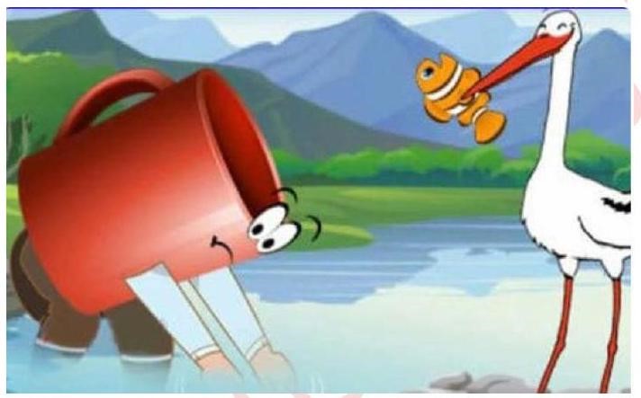 Bức tranh dưới đây gợi nhắc đến thành ngữ, tục ngữ nào?   A. Ca mò cò xơi		B. Cốc mò cò xơi		C. Cốc mò cò ăn		D. Cốc mò cò ăn cá (ảnh 1)