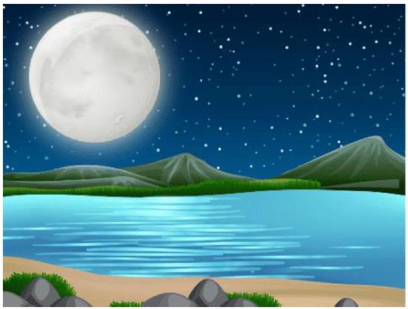 Chọn danh từ thích hợp để hoàn thành câu văn miêu tả bức tranh sau:   ... tròn vành vạnh toả ... dịu dàng xuống ... (ảnh 1)