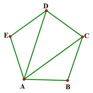 Cho ngũ gi&aacute;c đều \[ABCDE\] như h&igrave;nh vẽ.   a) T&iacute;nh tổng c&aacute;c g&oacute;c trong của tam gi&aacute;c \(ABC,ACD,ADE\), từ đ&oacute; suy ra tổng c&aacute;c g&oacute;c trong ngũ gi&aacute;c đều \[ABCED.\] b) T&iacute;nh số đo g&oacute;c \(E\). (ảnh 1)
