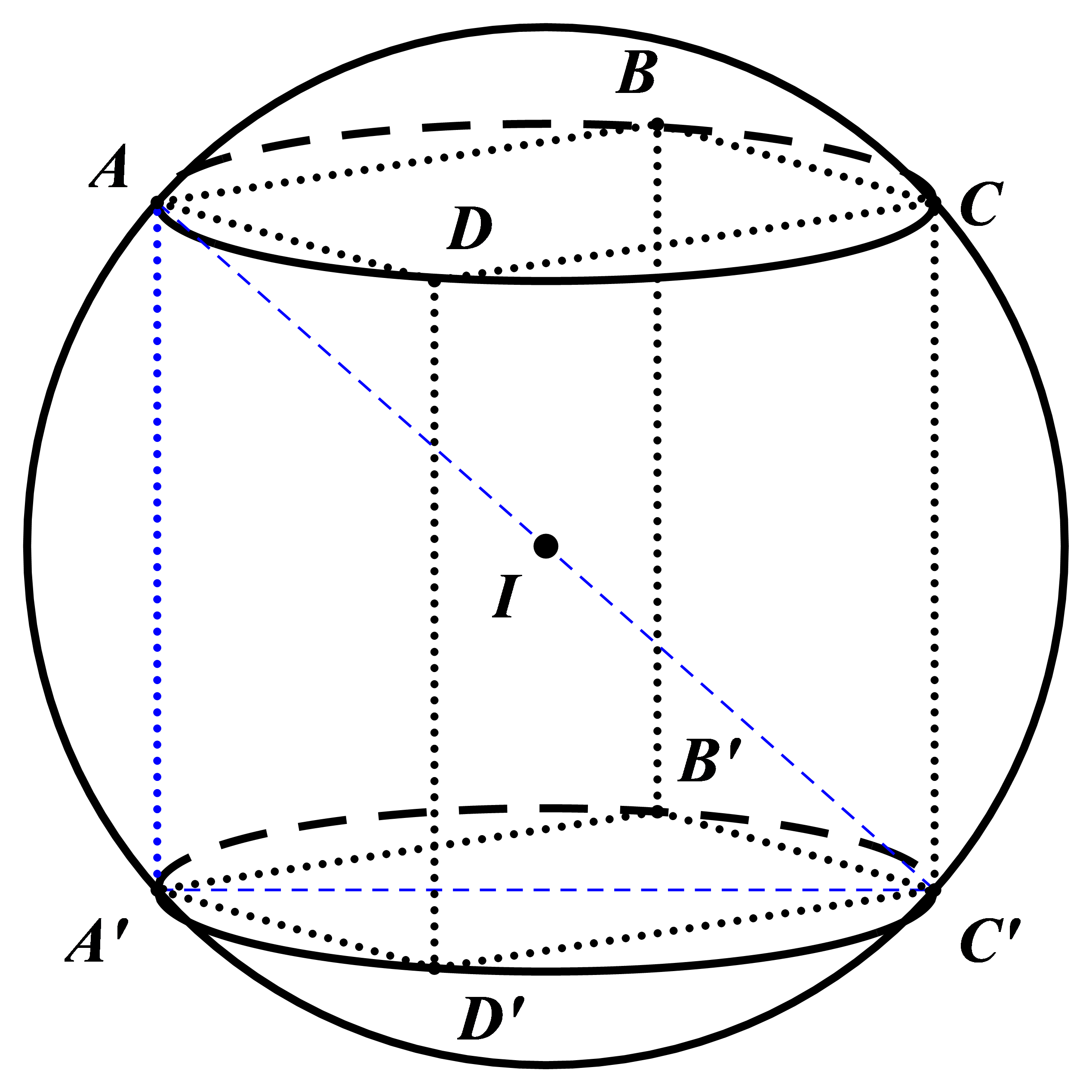 Cho hình lập phương \[ABCD.A'B'C'D'\] có cạnh bằng \[2cm\]. Một mặt cầu đi qua tám đỉnh \[A,B,C,D,A',B',C',D'\] của hình lập phương đó (như hình vẽ). (ảnh 1)