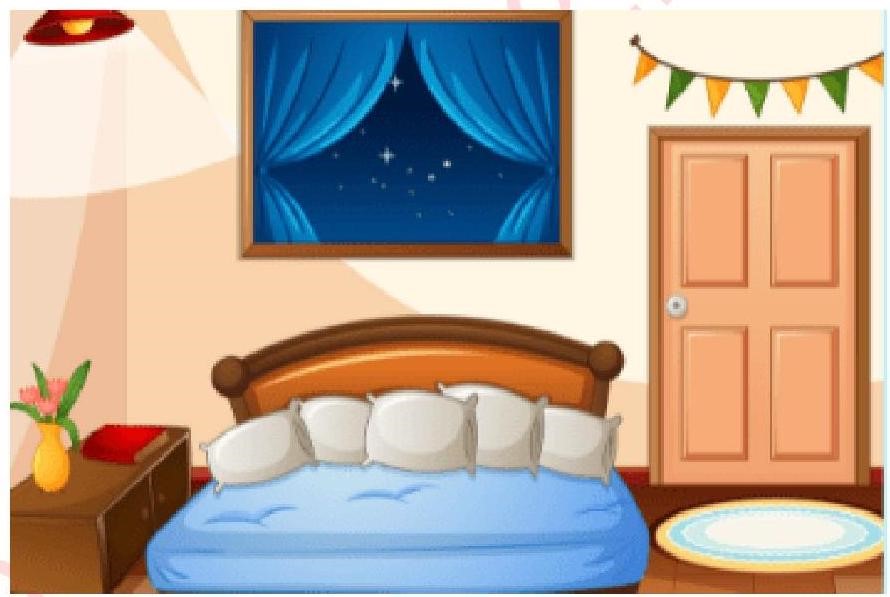 Những danh từ chỉ vật nào có trong bức tranh sau?    a/ quần áo, giày, tất, khăn			b/ tủ lạnh, điều hoà, cốc, thìa c/ cửa, giường, gối, rèm			d/ chảo, giá sách, màn, dép (ảnh 1)