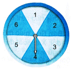 Một tấm bìa hình tròn được chia làm sáu hình quạt tròn có diện tích bằng nhau; ghi các số 1,2,3,4,5,6 và được gắn vào trục quay có mũi tên cố định ở tâm. (ảnh 1)