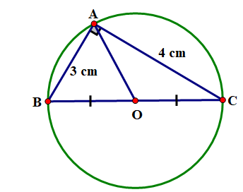 Cho tam gi&aacute;c ABC vu&ocirc;ng tại A c&oacute; \({\rm{AB}} = 3\;{\rm{cm}},{\rm{AC}} = 4\;{\rm{cm}}\). X&aacute;c định t&acirc;m v&agrave; b&aacute;n k&iacute;nh của đường tr&ograve;n ngoại tiếp tam gi&aacute;c ABC . (ảnh 1)