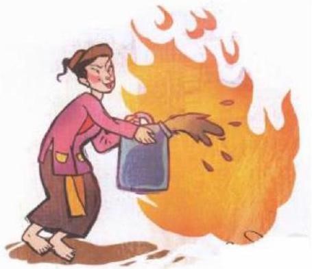 Bức tranh dưới đây gợi nhắc đến thành ngữ, tục ngữ nào?   A. Thêm dầu vào lửa	B. Đổ xăng vào lửa		C. Đổ nước vào lửa		D. Thêm xăng vào lửa (ảnh 1)