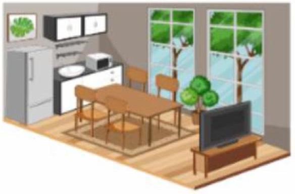 Những sự vật nào có trong bức tranh sau?   a/ tranh ảnh, giường, tủ gỗ			b/ bàn ghế, tủ lạnh, ti vi c/ lò vi sóng, tủ lạnh, lọ hoa		d/ máy tính, đèn học, sách vở (ảnh 1)