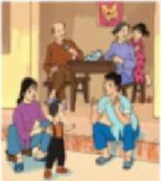 Quan sát bức tranh sau và chọn câu không có từ chỉ hoạt động. a/ Ông và bà ngồi uống nuớc, trò chuyện. b/ Áo của em bé là chiếc gile màu đen. c/ Bố mẹ hướng dẫn em bé tập đi. d/ Mai đang bóp vai cho bà nội. (ảnh 1)