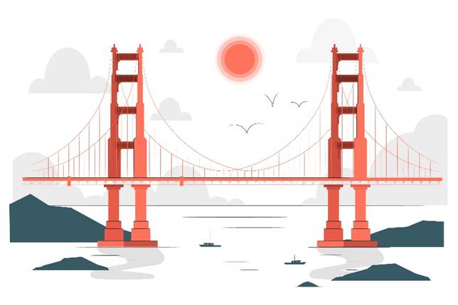 A bridge with a red bridge and sun

Description automatically generated with medium confidence