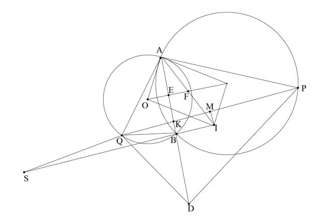 Cho hai đường tròn (O) và (O') cắt nhau tại hai điểm (ảnh 1)