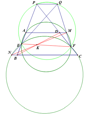 Cho hình thang ABCD (AD song song với BC, AD < BC). Các điểm E, F lần lượt (ảnh 1)