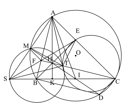 Cho tam giác \(ABC\) nhọn (AB < AC)\) nội tiếp trong đường tròn (ảnh 1)