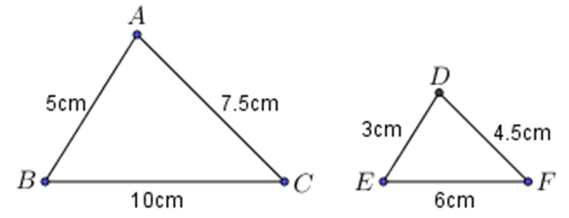 Cho hai tam giác ABC và DEF có kích thước như trong hình.  Khẳng định nào sau đây là đúng? (ảnh 1)