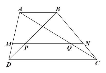 Cho hình thang ABCD (AB song song CD). Đường thẳng song song với đáy AB cắt các cạnh bên AD,BC và các đường chéo BD,AC lần lượt tại M,N,P,Q (ảnh 1)