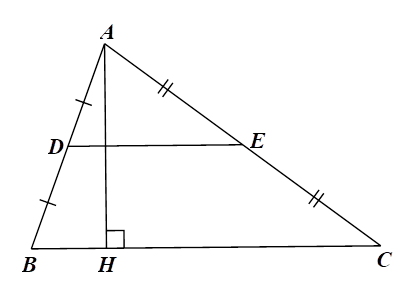 Cho tam giác ABC có D,E lần lượt là trung điểm của các cạnh AB,AC và DE = 4cm. Biết đường cao AH = 6cm, diện tích tam giác ABC là (ảnh 1)