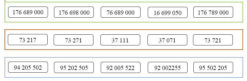 Tô màu vàng vào số bé nhất, tô màu xanh vào số lớn nhất trong mỗi dãy số sau:  (ảnh 1)