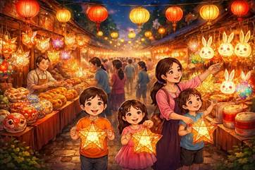 A group of children holding lanterns in a market
AI-generated content may be incorrect.
