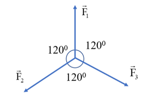 Cho ba lực đồng quy cùng nằm trên một mặt phẳng, có độ lớn F1 = F2 = F3 = 30 N và từng đôi một hợp với nhau thành góc 120°. Hợp lực của chúng có độ lớn là bao nhiêu? (ảnh 1)