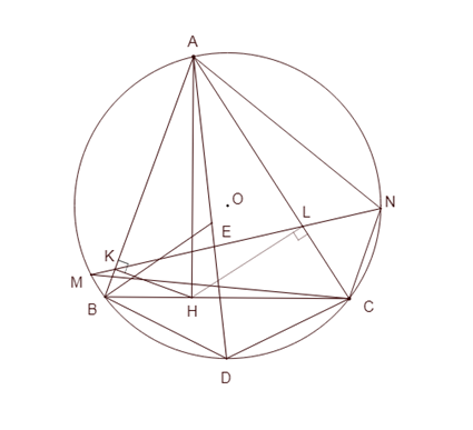Cho tam giác nhọn ABC , ( {AB < AC} nội tiếp đường tròn (ảnh 1)