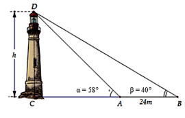 Giả sử CD = h là chiều cao của tháp trong đó C là chân tháp. Chọn hai điểm A, B trên mặt đất sao cho ba điểm A, B, C (ảnh 1)