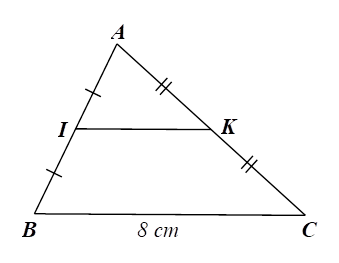 Cho tam giác ABC, I,K lần lượt là trung điểm của AB và AC. Biết BC = 8cm. Độ dài IK là (ảnh 1)