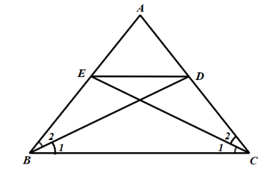 Cho \[\Delta ABC\] cân tại \[A.\] Tia phân giác góc \[B\] cắt cạnh \[AC\] tại \[D\], tia phân giác góc (ảnh 1)