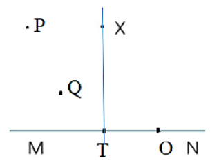 Cho hình vẽ dưới đây. Đường thẳng vuông góc với đường thẳng MN là đường thẳng đi qua điểm X và điểm ….  Chữ thích hợp điền vào chỗ chấm là: (ảnh 2)