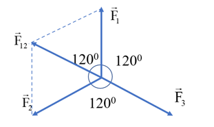 Cho ba lực đồng quy cùng nằm trên một mặt phẳng, có độ lớn F1 = F2 = F3 = 30 N và từng đôi một hợp với nhau thành góc 120°. Hợp lực của chúng có độ lớn là bao nhiêu? (ảnh 2)