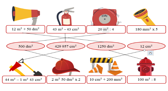 Nối phép tính với kết quả tương ứng để chuẩn bị vật dụng cho các chú lính cứu hỏa: (ảnh 2)