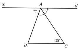 Cho hình vẽ biết góc xAB =70 độ , góc ACB = 55 độ tia AC là tia phân giác (ảnh 1)
