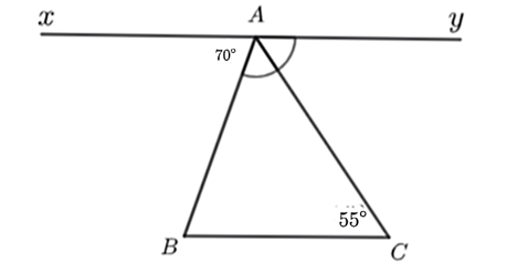 Cho hình vẽ, biết góc {xAB} = 70độ ,góc {ACB} = 55độ), tia \(AC\) là tia phân giác của (ảnh 1)