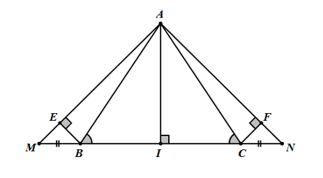 Cho \[\Delta ABC\] có góc B = góc C.\] Trên tia đối của tia \[BC\] lấy điểm \[M\], trên tia đối của tia (ảnh 1)