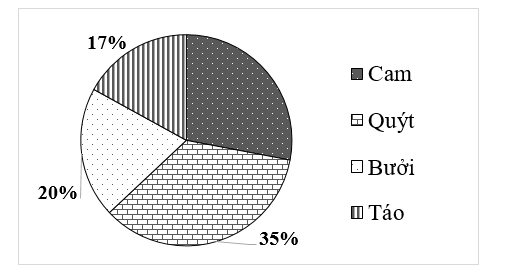 Cho biểu đồ biểu diễn tỉ lệ phần trăm loại hoa quả được bán ra trong một ngày  (ảnh 1)