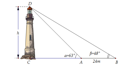 Giả sử CD = h là chiều cao của tháp trong đó C là chân tháp như hình dưới đây. (ảnh 1)