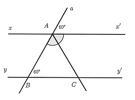 Cho hình vẽ bên, biết góc{aAx'} = 60 độ,góc{ABC} = 60 độ và tia \(AC\) là tia phân giác  (ảnh 1)