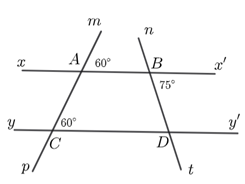 Cho hình vẽ biết rằng góc mAB =60 độ , góc DB x' = 75 độ , góc ACD = 60 độ (ảnh 1)