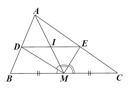 Cho tam giác ABC trung tuyến AM đường phân giác của góc AMB cắt AB ở D đường phân giác của góc AMC cắt AC ở E. a) Chứng minh rằng AD.AC = AE.AB và DE song song BC (ảnh 1)