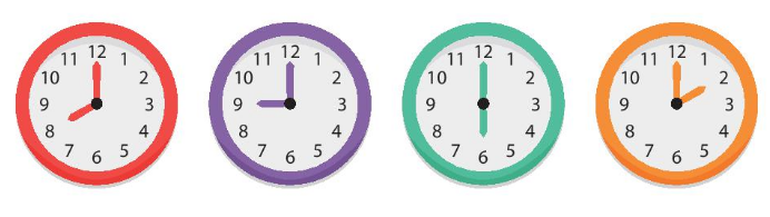 D&ugrave;ng thước đo g&oacute;c để đo c&aacute;c g&oacute;c tạo bởi kim ph&uacute;t v&agrave; kim giờ trong c&aacute;c mặt đồng hồ sau: (ảnh 1)