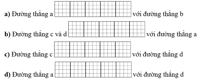 Quan sát hình vẽ và điền “cắt nhau”, “vuông góc”, “song song” vào ô trống cho thích hợp. (ảnh 2)