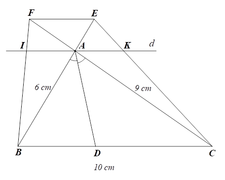 Cho tam giác ABC có đường phân giác AD.  a) Giả sử AB = 6cm, BC = 10cm, AC = 9 cm. Tính độ dài đoạn thẳng BD (ảnh 1)