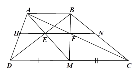 2) Cho hình thang ABCD có hai đáy AB và CD. Gọi M là trung điểm của CD, E là giao điểm của MA và BD, F là giao điểm của MB và AC. a) Chứng minh rằng EF song song AB (ảnh 5)