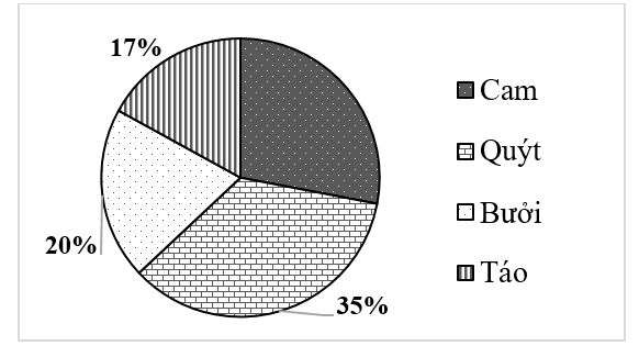 Cho biểu đồ biểu diễn tỉ lệ phần trăm loại hoa quả được bán ra trong (ảnh 1)