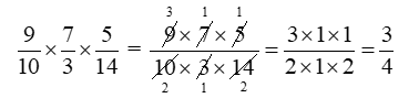 Tính (theo mẫu): 9/10 x 7/3 x 5/14 (ảnh 1)