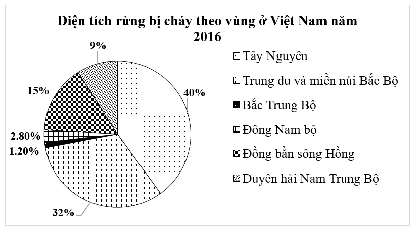 Diện tích rừng bị cháy phân theo vùng ở nước ta năm 2016 được cho trong biểu đồ quạt tròn sau: (ảnh 1)